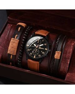 men's bracelet watch set, single calendar watch, fake three eye watch, canvas quartz watch, PU bracelet, men's fashion accessory, gift for men, Australian men's watch - Black - Size 10