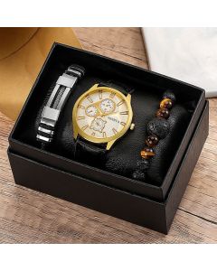 Men'S Bracelet Watch Set Single Calendar Watch Fake Three Eye Watch Canvas - Black - Size 13