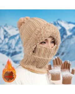 Women'S Winter Accessories Knit Hat Scarf Touch-Screen Gloves Winter Set Trendy - Pink - Size L