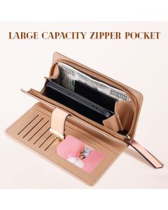 Women's Long Leaf Bifold Wallet Leather Card Holder Purse Zipper Buckle Elegant Clutch Wallet Handbag for Women - Pink
