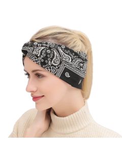 Assorted Paisley Print Wide Bandana Knot Headbands Criss Cross Head Wrap Hair Band (Black) Soft Bandana Print Knot Front Headband