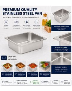Commercial Stainless Steel GN 1/2 100mm Deep Gastronorm Bain Marie Buffet Steam Table Food Pan with Lid