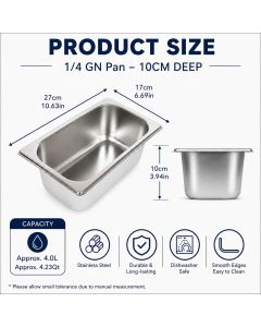 Commercial Stainless Steel GN 1/4 100mm Deep Gastronorm Bain Marie Buffet Steam Table Food Pan