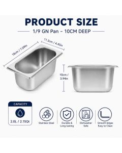 Commercial Stainless Steel GN 1/9 100mm Deep Gastronorm Bain Marie Buffet Steam Table Food Pan with Lid