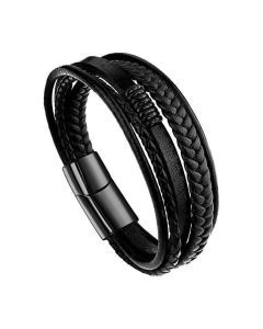Men Stainless Steel Buckle Leather Bracelet Bangle Cuff Vintage Wristband Rope - Coffee&Silver