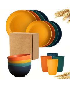 16Pcs Wheat Straw Dinnerware Serving Set Unbreakable Tableware Plates Microwave