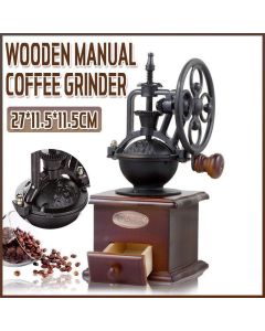 Vintage Manual Coffee Grinder with Wooden Base and Cast Iron Crank