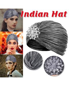 Muslim Women Pleated Silver Pleated Indian Wrap Turban Headscarf Elegant Hat