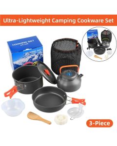 Lightweight Camping Cookware Set Outdoor Cooking Gear 3 Piece Travel Cook Set - Orange