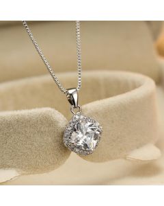 Fashion 925 Sterling Silver Stunning Square Cubic Zircon Pendant Necklace Chain - Blue