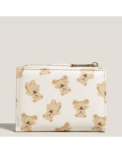 Brown Cute Bear Print Bifold Wallet - PU Leather & Polyester Card Holder with Zip Coin Purse & ID Window - Compact Foldable Wallet for Women & Students