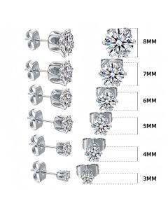 6-Pair Black Stainless Steel Stud Earring Set - Classic 6-Prong Crown Setting with Sparkling Round Cubic Zirconia in Multiple Sizes - Durable Skin-Friendly Jewelry for Daily Wear and Stacking