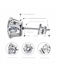 6-Pair Silver Stainless Steel Stud Earring Set - Classic 6-Prong Crown Setting with Sparkling Round Cubic Zirconia in Multiple Sizes - Durable Skin-Friendly Jewelry for Daily Wear and Stacking