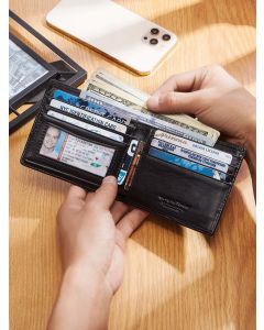 Black Handcrafted Genuine First-Layer Cowhide Wallet & Card Case for Men - Multi-Slot Ultra-Slim Bifold, Integrated AirTag Holder & RFID Blocking
