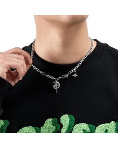 Gothic Cross & North Star Dual-Pendant Splicing Necklace for Men and Women - Titanium Steel Iced Out Cuban Link Chain with Black Gemstone Accents