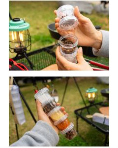 5-Piece Lightweight Stackable Outdoor Spice Jar Set for BBQ Picnic & Travel - Portable Camping Seasoning Kit with Black Mesh Storage Bag