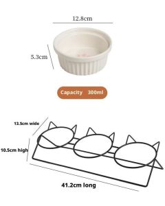 Triple Slanted Ceramic Pet Bowl Set with Elevated Iron Stand and Non Slip Base - 3 x 300ML Versatile Pink Cat Paw Print Pattern Dishes for Water & Food