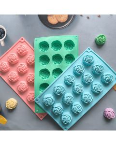 2PCS Blue 3D Rose Shaped Silicone Baking Mold (15 Cavity) - Non-Stick Cake Chocolates & Jelly Pan - Durable Flexible Easy Release for Holiday Desserts