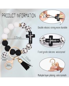 Black and White Silicone Bead Keychain with Cross Charm, Rhinestone Ring &short  Tassel - Religious Silicone Beaded Key Ring, Lightweight & Durable