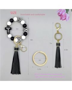 Black and Green Silicone Bead Keychain Bracelet with Cross Charm and Tassel - Black, White, Teal, Leopard Print - Fashion Wristlet Key Ring for Women, Gift Friendly