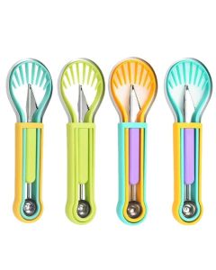2-Piece Fruit Carving Tool Set Melon Baller Scoop Knife Stainless Steel(Blue, yellow and purple)