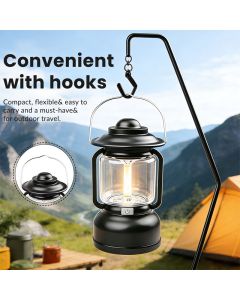 Silver and Grey Vintage LED Outdoor Camping Lantern with Warm Ambient Light - 7 Lighting Modes, 24H Long Runtime, USB-C Rechargeable, Stepless Dimming and Hanging Tent Light