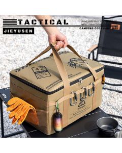30L Collapsible Outdoor Tactical Organizer, Oxford Fabric Large Capacity Camping Gear Storage Bin with Waterproof PVC Base & Hanging Webbing for Picnic, Hiking, Camping & Kitchen Utensils, Khaki 38 x 26 x 30cm