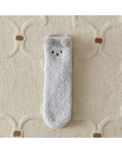 Cozy Winter Home Essentials Set - Grey 1 Pair Women's Plush Cross Band Faux Fur Slippers M Size & 2 Pairs Cute Teddy Bear Fuzzy Socks Set, Warm Indoor Lounge Gift Bundle with Non-Slip House Slides