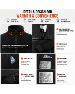 5XL Size Winter USB Heated Windproof Soft Fleece Warm Jacket for Men and Women – 8 Zones Graphene & Carbon Fiber Fast Heating Coat with Front & Back Dual-Control Button and 3 Level Heating, Washable Design, Muti Pockets, Ribbed Cuff & Stand Collar