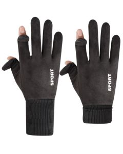 Khaki Winter Suede Touchscreen Flip-Top Gloves with Extended Cuff Design and Silicone Anti-Slip Palm – Windproof Thickened Thermal Riding Gloves for Motorcycle Driving and MTB Road Cycling