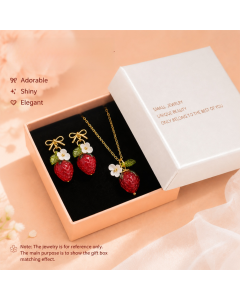 Cute Crystal Strawberry Pendant Jewelry Set for Women with Flower Berries Leaves Design Hook Earrings and Necklace - Vintage Gold Plated Fruit Charm Accessories Gift Box for Daily Wear, Parties, Dates and Occasions