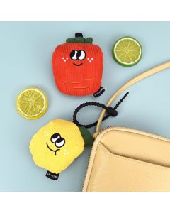 Portable Cute Lemon Corduroy Storage Pouch with Zipper and Hidden Folding Shopping Bag - Lightweight Reusable Eco Grocery Tote Bag with Fruit Charm for Shopping, Travel, Books, iPad and Daily Essentials