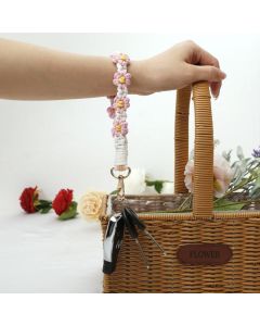 Pink Boho Daisy Handmade Braided Wrist Strap Keychain – Floral Crochet Keyring with Zinc Alloy Hook (Lightweight 21g Travel & Fashion Accessory)