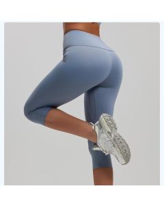 Dusty Blue M Size Women's High Waist 3/4 Yoga Leggings - Peach Hip Lift Design, Breathable Stretch Fabric for Gym Running and Daily Wear
