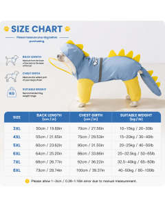 Blue Dog Raincoat Dinosaur Hooded Waterproof Jacket 3XL Size with Leash Hole Removable Tail Cover Full Body Coverage Pet Rain Coat for Outdoor Walking Large Dogs
