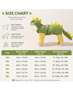 Green Dog Raincoat Dinosaur Hooded Waterproof Jacket 5XL Size with Leash Hole Removable Tail Cover Full Body Coverage Pet Rain Coat for Outdoor Walking Large Dogs