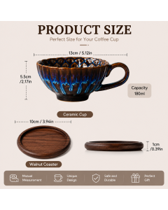 Blue Handmade Ceramic Coffee Cup Set with Walnut Coaster – Kiln-Glazed Espresso Mug 180ml, Premium Coffee & Tea Cup Gift Set