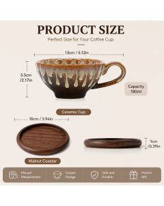 Brown and white Handmade Ceramic Coffee Cup Set with Walnut Coaster – Kiln-Glazed Espresso Mug 180ml, Premium Coffee & Tea Cup Gift Set