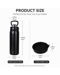 950ml Insulated Stainless Steel Bottle with 4PCS Silicone Anti-Slip Car Cup Coasters – Leakproof Travel Drink Set for Car & Home Use