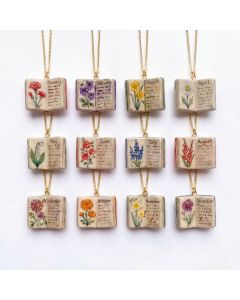 Vintage-style book necklace with July birthday flowers, a luxurious gold-plated bronze exquisite floral pendant gift