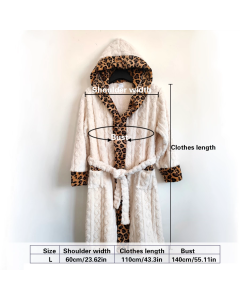 Women's White Coral Fleece Hooded Bathrobe with Leopard Print Trim (L)- Soft Plush Wrap Robe with Pockets and Tie Belt for Lounging
