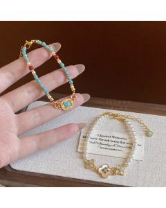 2PCS Vintage Layered Pearl Bracelet Set | Elegant Zircon Flower Charm Gold Plated Stackable Bracelets Jewelry Gift