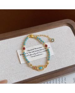 Turquoise Beaded Bracelet for Women – Adjustable Vintage Boho Bracelet with Gold-Tone Oval Charm, Turquoise & Pearl Beads, Lightweight Bohemian Wrist Jewellery