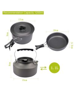 Green Camping Cookware Set for 2–3 People – Portable Outdoor Cooking Pot, Frying Pan & 1.1L Kettle Kit with Stainless Steel Plates, Cups & Cutlery, Lightweight Non-Stick Camping Cook Set for Hiking, Picnic, Backpacking & RV Travel