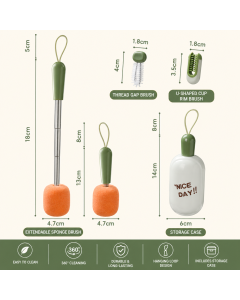 Green Portable 3-in-1 Cup Cleaning Brush Set with 3 Replacement Sponge Heads – Retractable Long Handle Bottle Brush for Travel Mugs, Coffee Cups, Water Bottles, Tumblers,Camping, Office & Home Use
