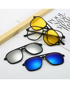 7-in-1 Magnetic Clip-On Sunglasses Set with Flexible Frame and Leather Bag - Unisex Double Bridge Aviator Eyeglasses and 5 Pairs of Polarized / Night Vision Lenses (2333 Style)