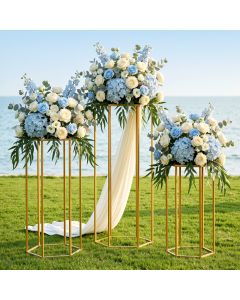 3Pcs Wedding Backdrop Pedestal Stand Gold Metal Hexagon Wedding Frame Plinth Pillars Table