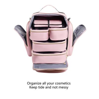 Large Capacity Travel Makeup Backpack with 5 Removable Organizer Cases & Jewelry Roll(pink)