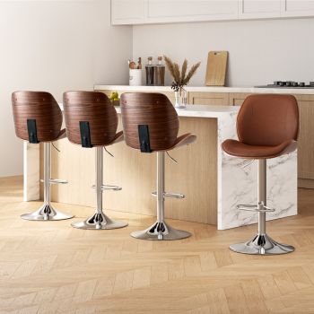 Artiss 4X Bar Stools Bentwood Adjustable Kitchen Counter Chair Leather Brown