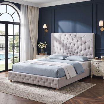 Artiss Double Bed Frame with Tufted Headboard and Plywood Slats Grey